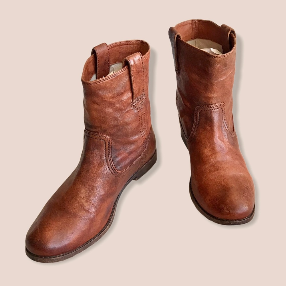 Frye Anna Short Cognac Leather Pull On Cute Boots - Picture 8 of 14